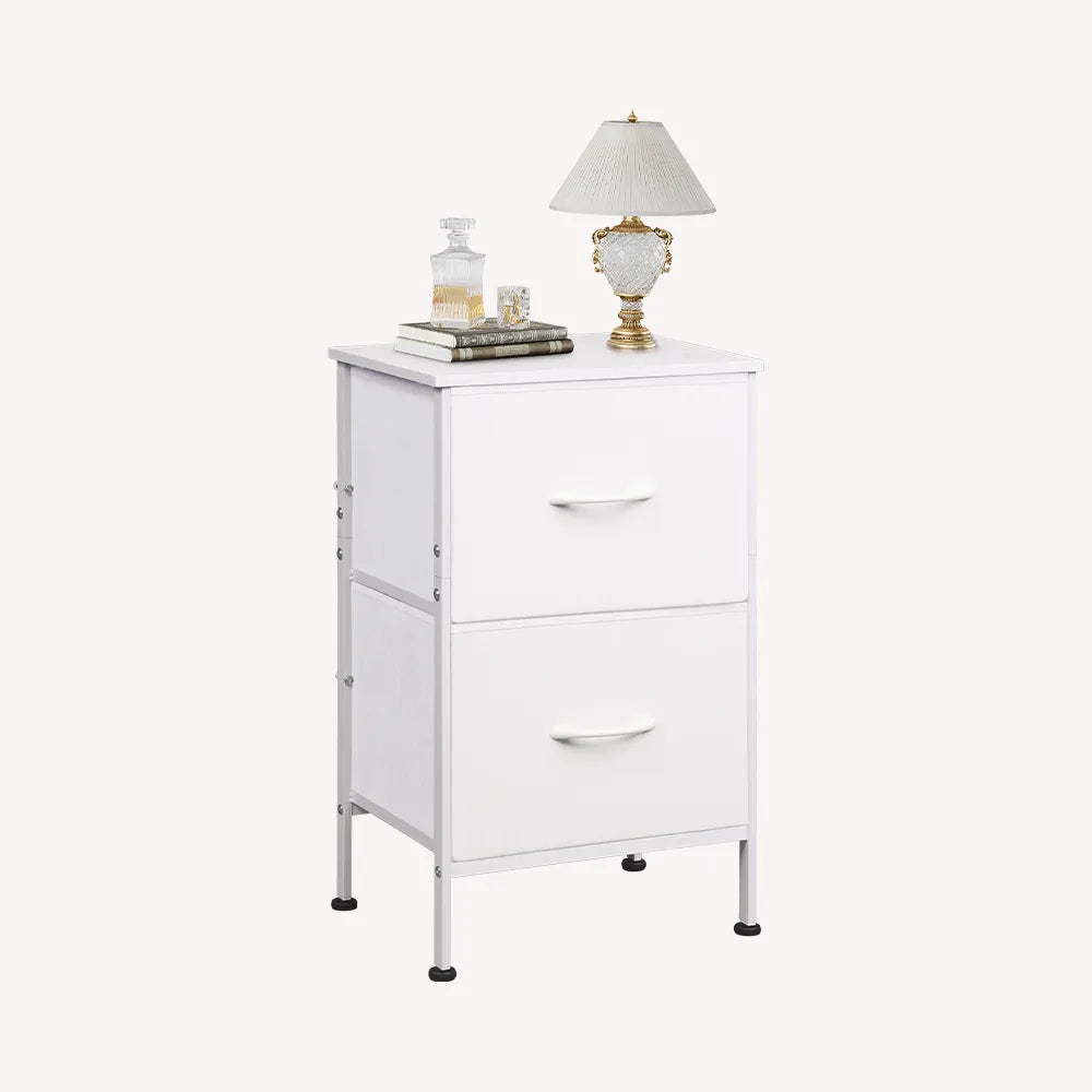 White 2-drawer fabric storage nightstand