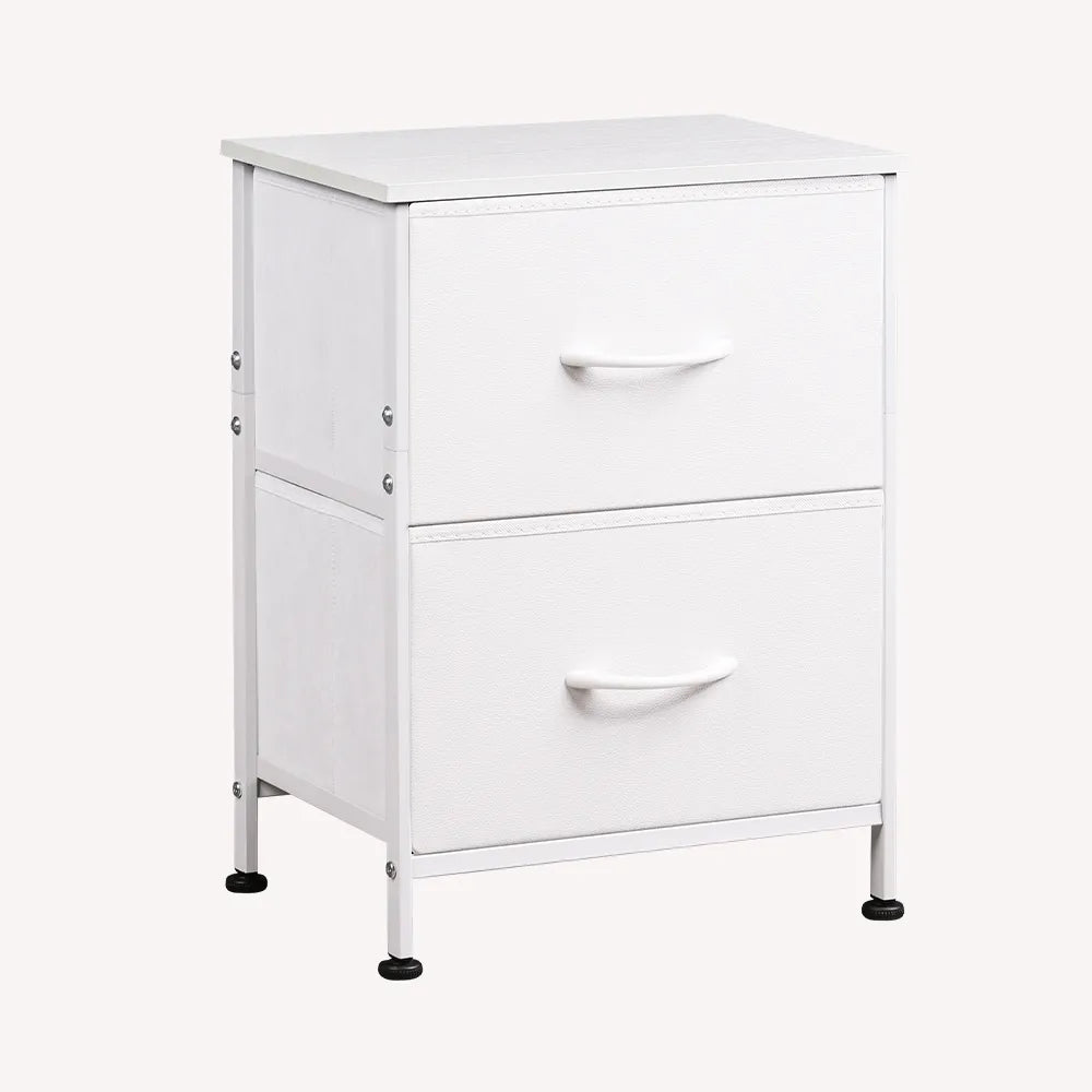 White 2-drawer fabric storage nightstand