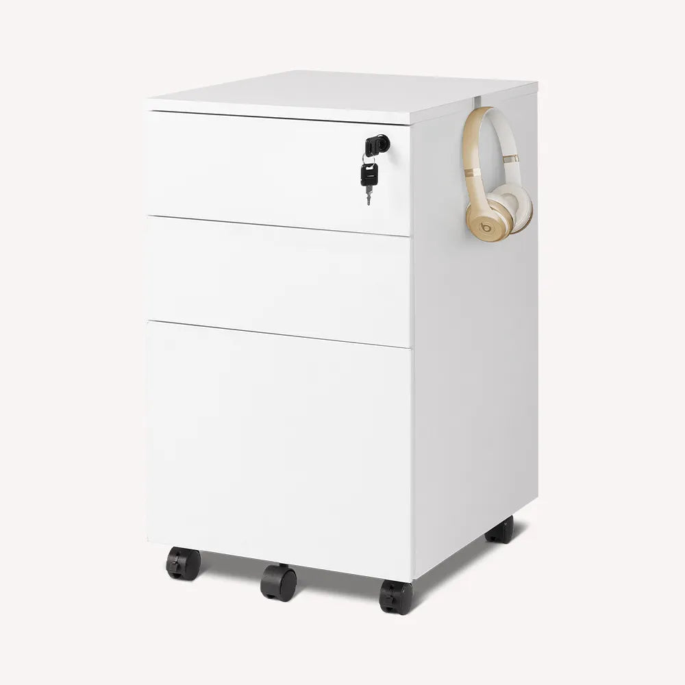 White 3-drawer small rolling filing cabinet with lock