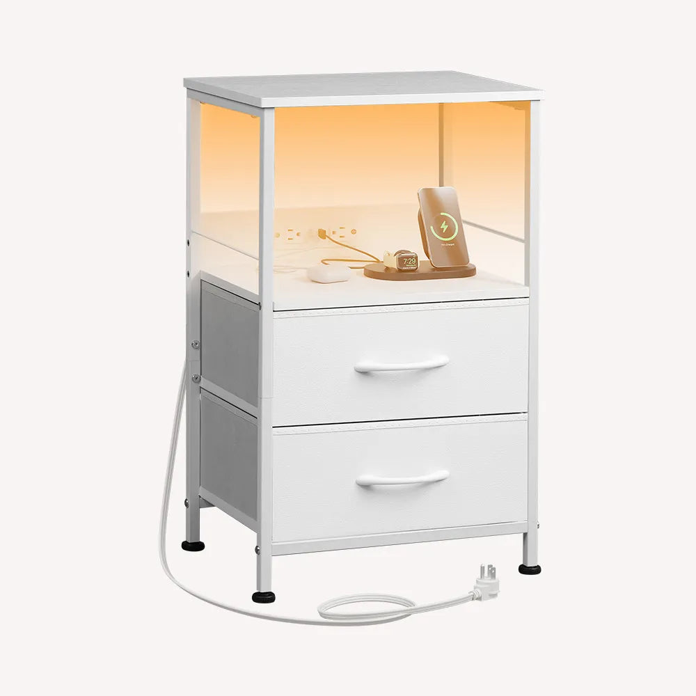 White WLIVE 3-Tier LED Storage Nightstand with Charging Station