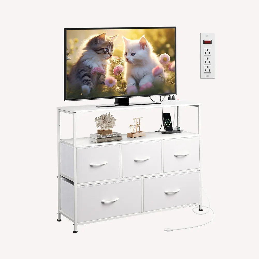 WLIVE white 5-drawer fabric dresser TV stand with open shelves