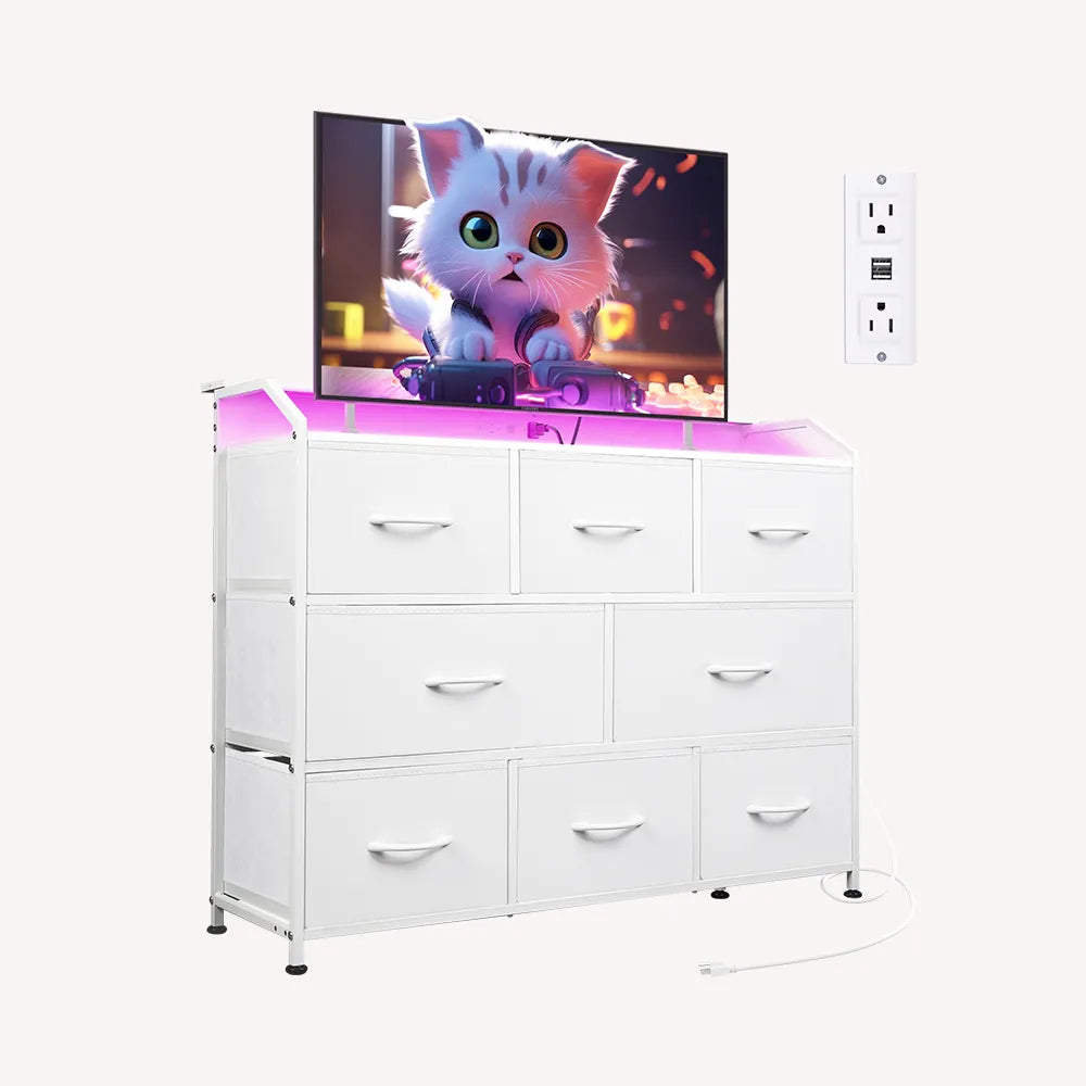 WLIVE White Minimalist 8-Drawer LED Large Storage Fabric Dresser TV Stand