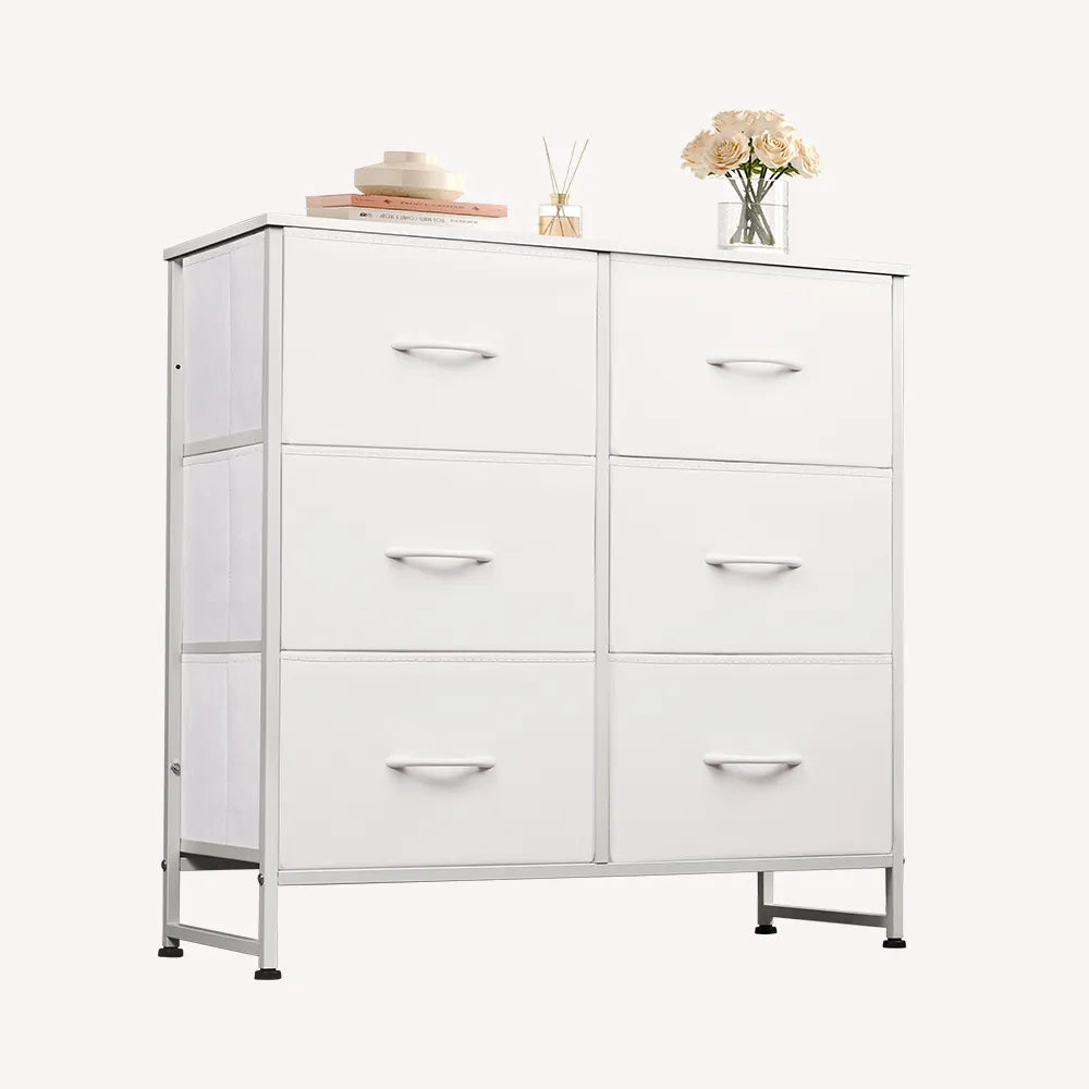 WLIVE White Minimalist Fabric 6-Drawer Double Storage Dresser