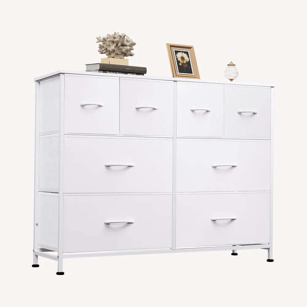WLIVE Minimalist Wide 8-Drawer Storage Fabric Dresser in White