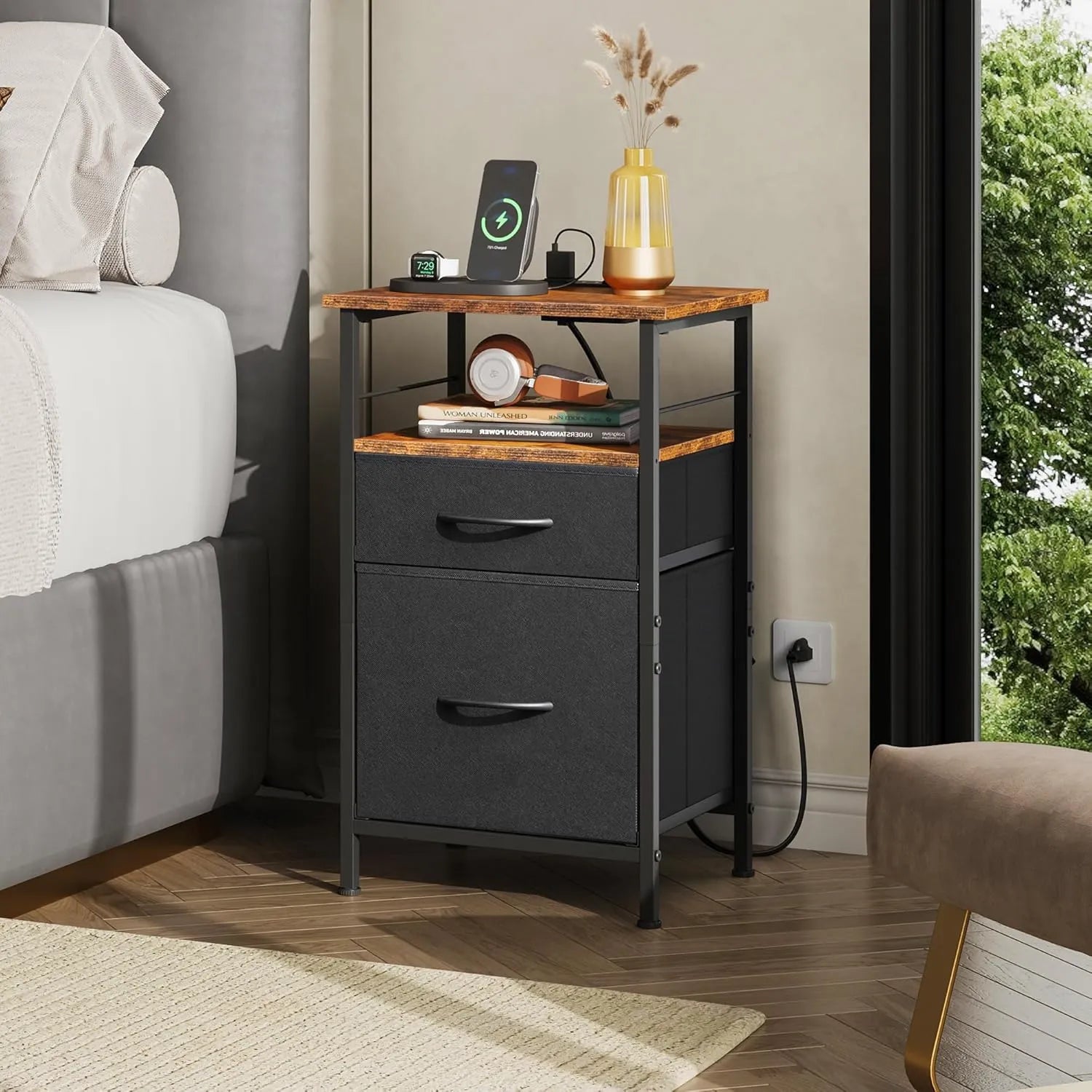 WLIVE fabric drawer nightstand set with charging station in bedroom