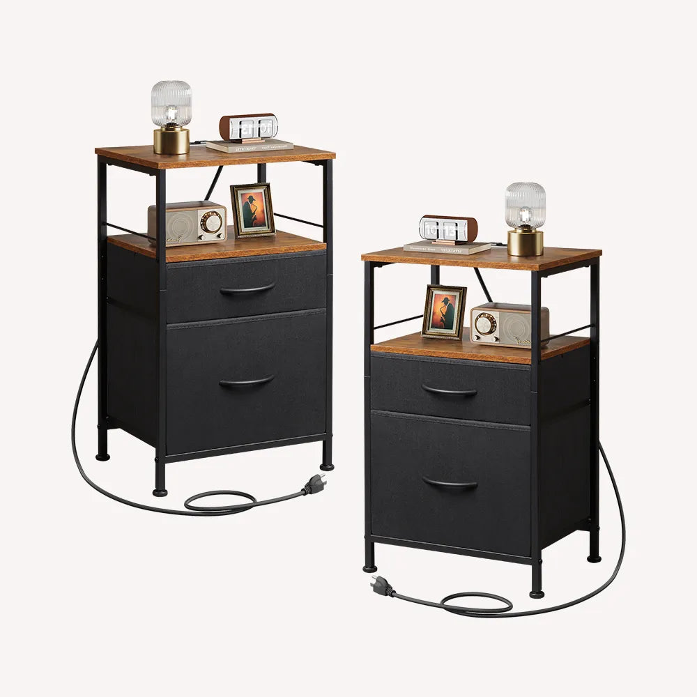 WLIVE fabric drawer nightstand set with charging station in rustic brown wood grain print