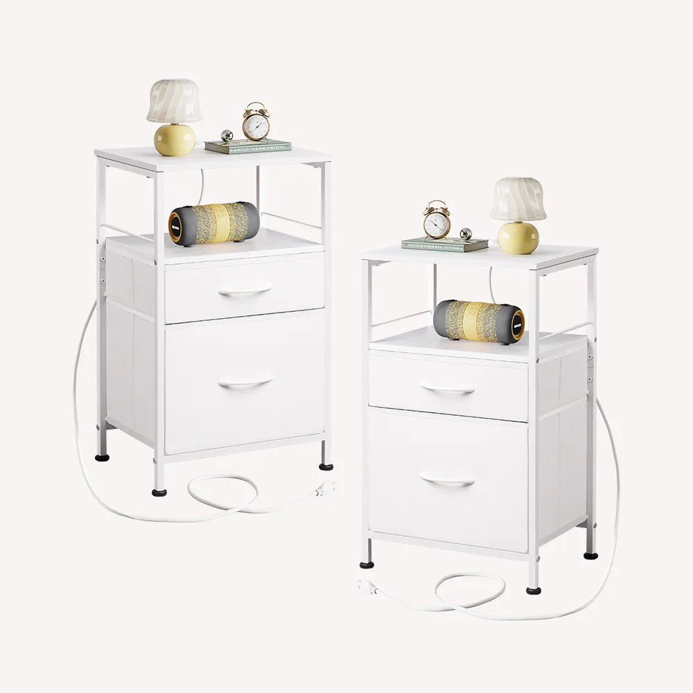 WLIVE fabric drawer nightstand set with charging station in white